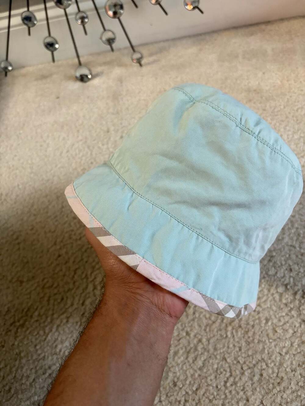Burberry London Powder Blue Bucket Hat with Check Trim Size L